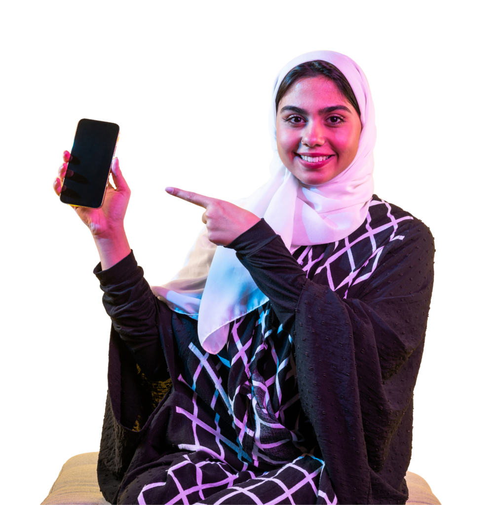 Woman Pointing to Phone